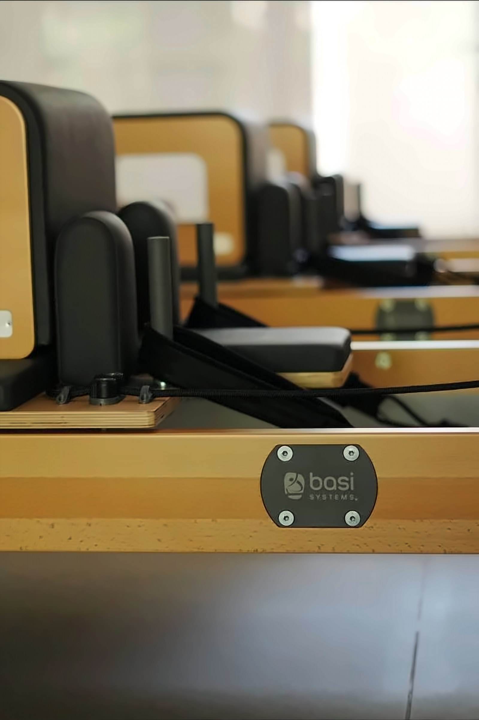 Metal BASI Systems logo plate on the side of a Reformer